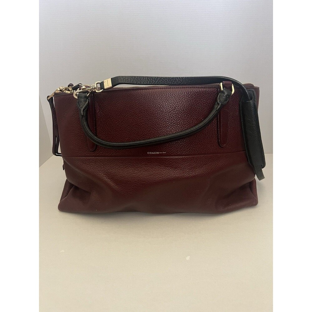 Coach Borough Bag Pebbled Leather Burgundy/Black Style 28160 Triple Zip Gold